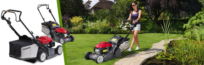 Gauche: 2 tondeuses  gazon Honda Droite: tondeuse  gazon de trois-quarts face, tourne vers la gauche, utilise par une dmonstratrice, dans un jardin.