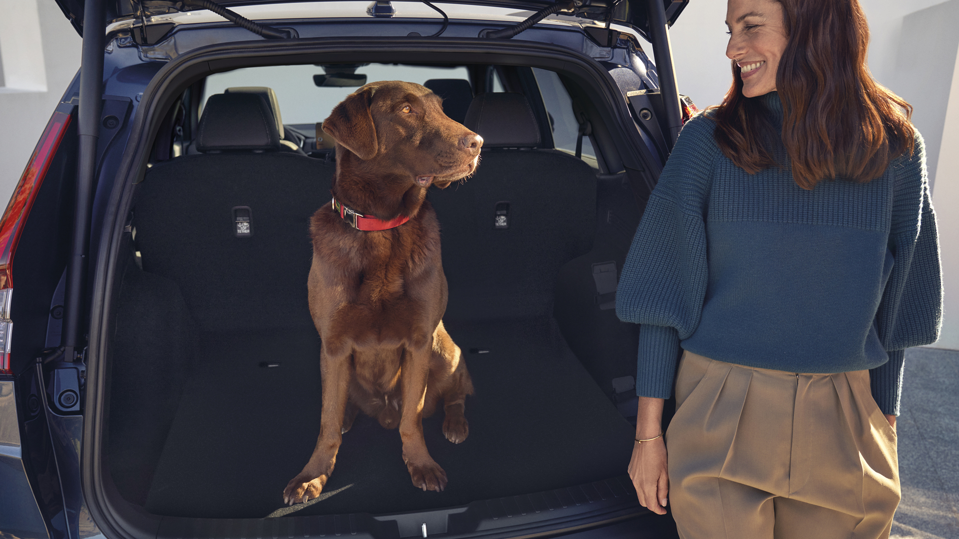 Vue de derrière du Honda CR-V hybride avec chien et mannequin assis à l’intérieur du coffre.