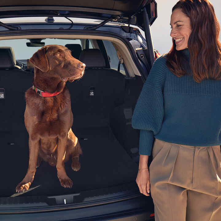 Vue de derrière du Honda CR-V hybride avec chien et mannequin assis à l’intérieur du coffre.