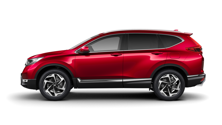 Vue latérale du Honda CR-V en Rouge Cristallin Premium Métallisé.