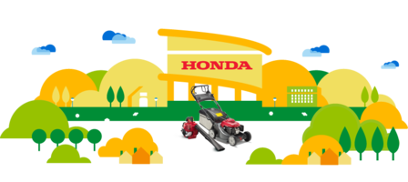 Tondeuse à gazon et souffleur de feuilles, illustration d'un revendeur Honda.