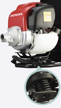 Débroussailleuses sac à dos Honda, gros plan du moteur, plan du châssis antivibrations.