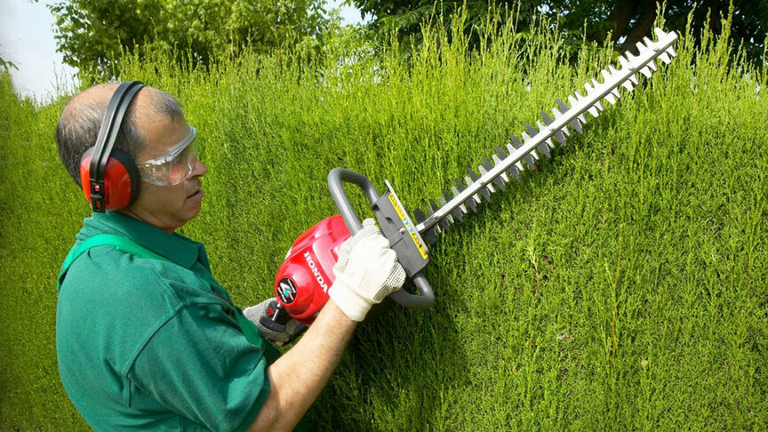 Homme utilisant un taille-haie avec un casque antibruit