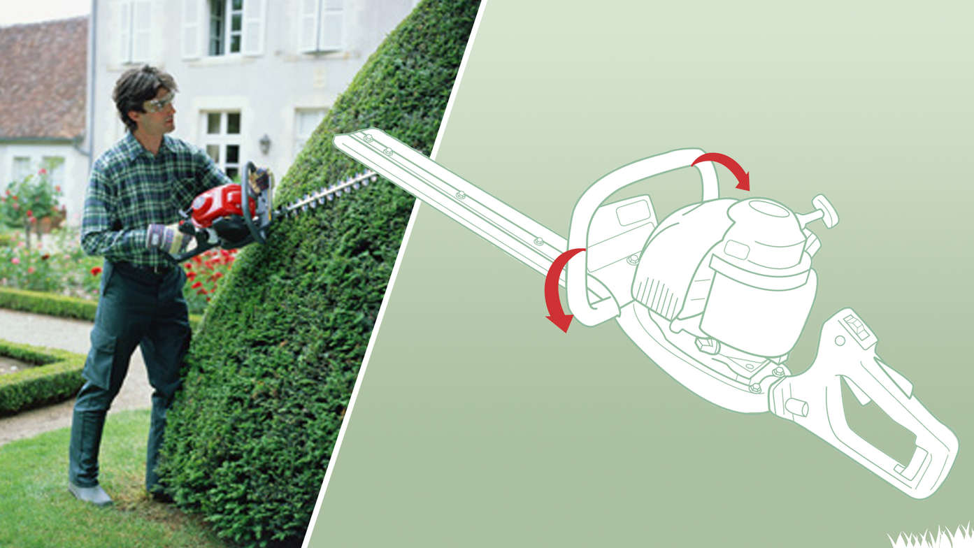 Gauche : taille-haies Honda, utilisé par un démonstrateur, dans un jardin. Droite : schéma des poignées et des commandes.