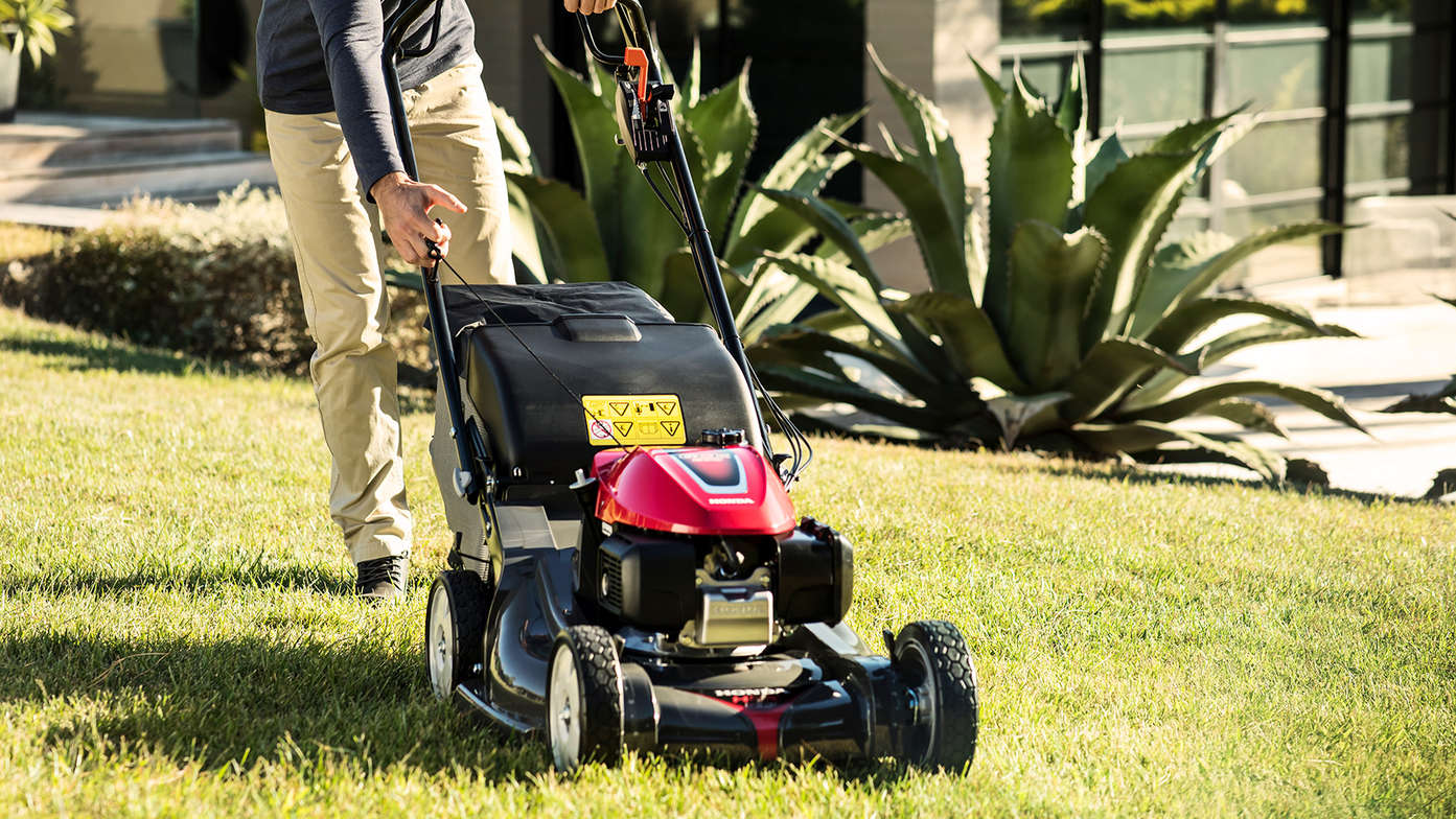 Tondeuse à gazon Honda HRX dans un jardin.