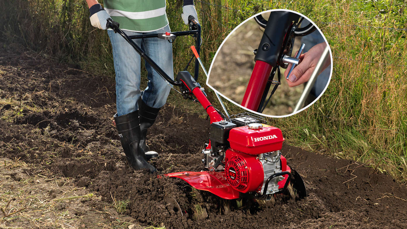 Motobineuse compacte, mettant en évidence le guidon réglable, dans un jardin.