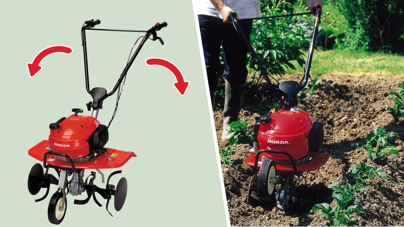 Gauche : motobineuses, mettant en évidence le guidon déportable. Droite : motobineuse, dans un jardin.