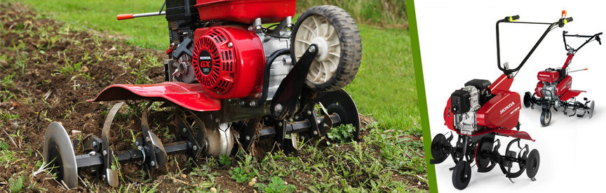 Gauche : motobineuse compacte, en fonctionnement dans un jardin. Droite : 2 motobineuses compactes Honda.