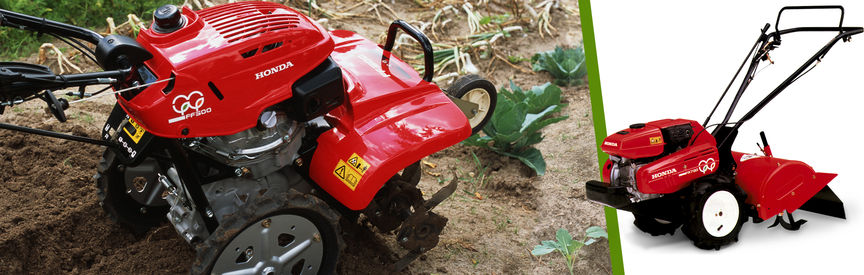 Gauche : motobineuse équipée d'outils rotatifs Honda, en fonctionnement dans un jardin. Droite : motobineuse équipée d'outils rotatifs, tournée vers la gauche.