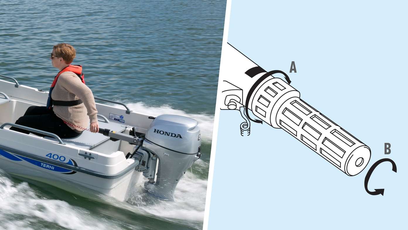 Left: Boat being used by model, coastal location. Right: Illustration of Forward Mount Shift Lever.