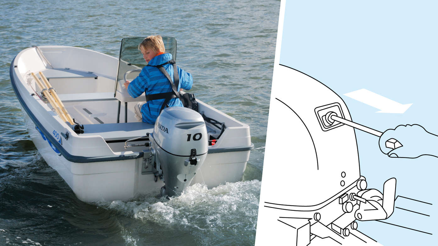 Left: Boat with BF10 engine, being used by model, coastal location. Right: Illustration of decompression system.