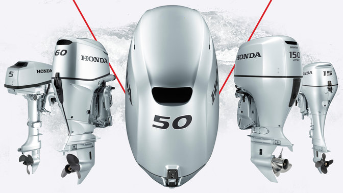 5&nbsp;moteurs Honda Marine, de trois quarts face.