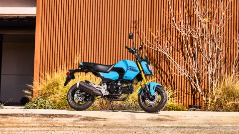 Vue latérale à l'arrêt de la MSX125 Grom en bleu