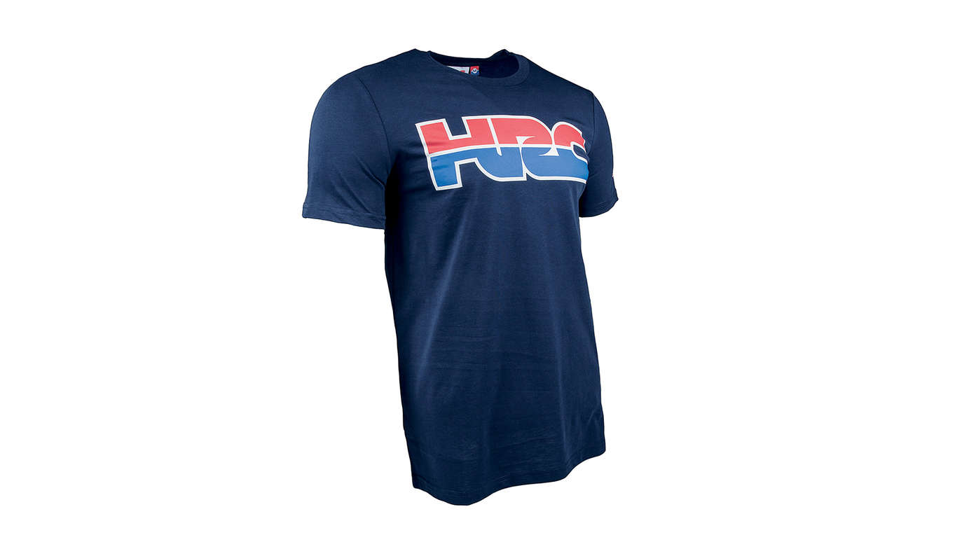 T-shirt de course HRC bleu avec logo Honda Racing Corporation.