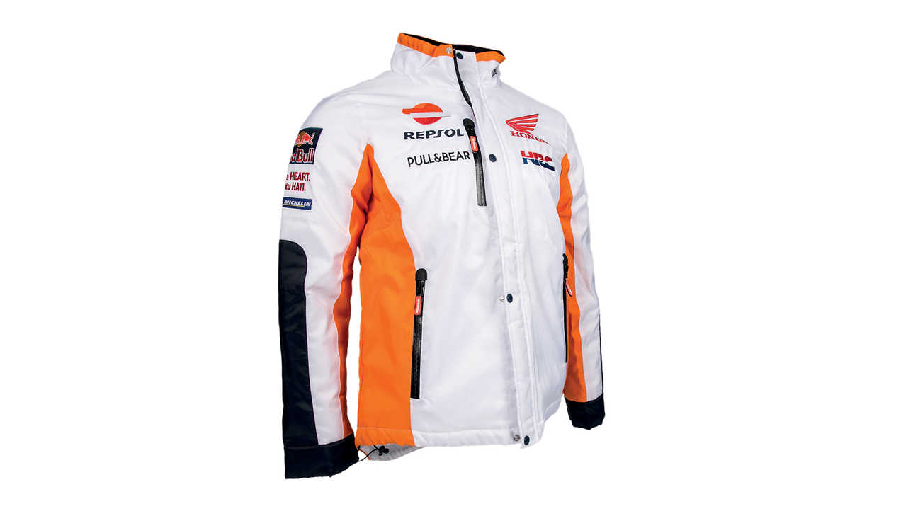 Blouson Honda blanc aux couleurs de l’équipe MotoGP, avec logo Repsol.