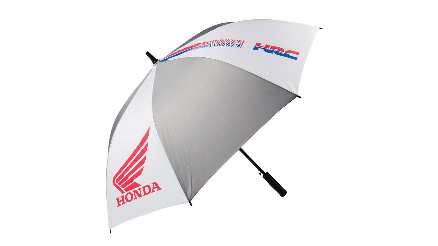 Parapluie Honda HRC gris et blanc aux couleurs de HRC avec logo ailé Honda.