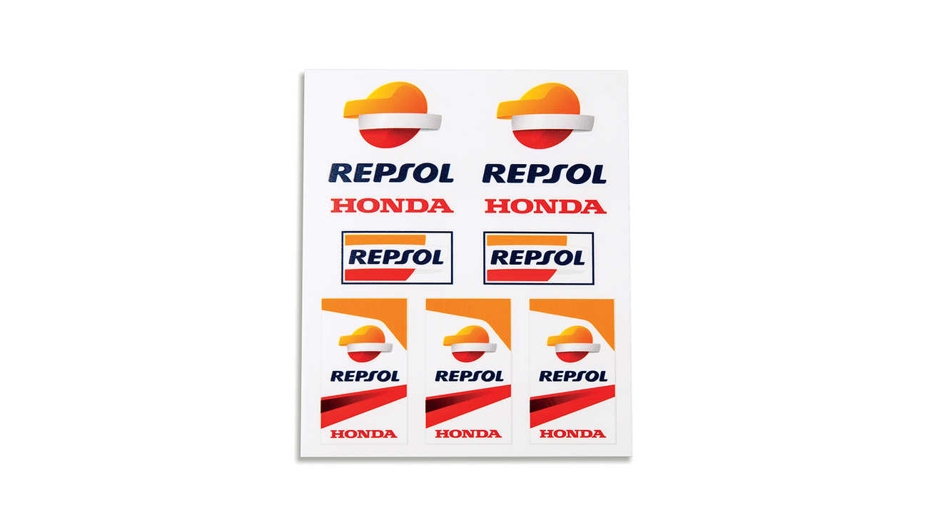 Jeu d'autocollants Honda Repsol en vinyle aux couleurs MotoGP Honda, avec logo Repsol.