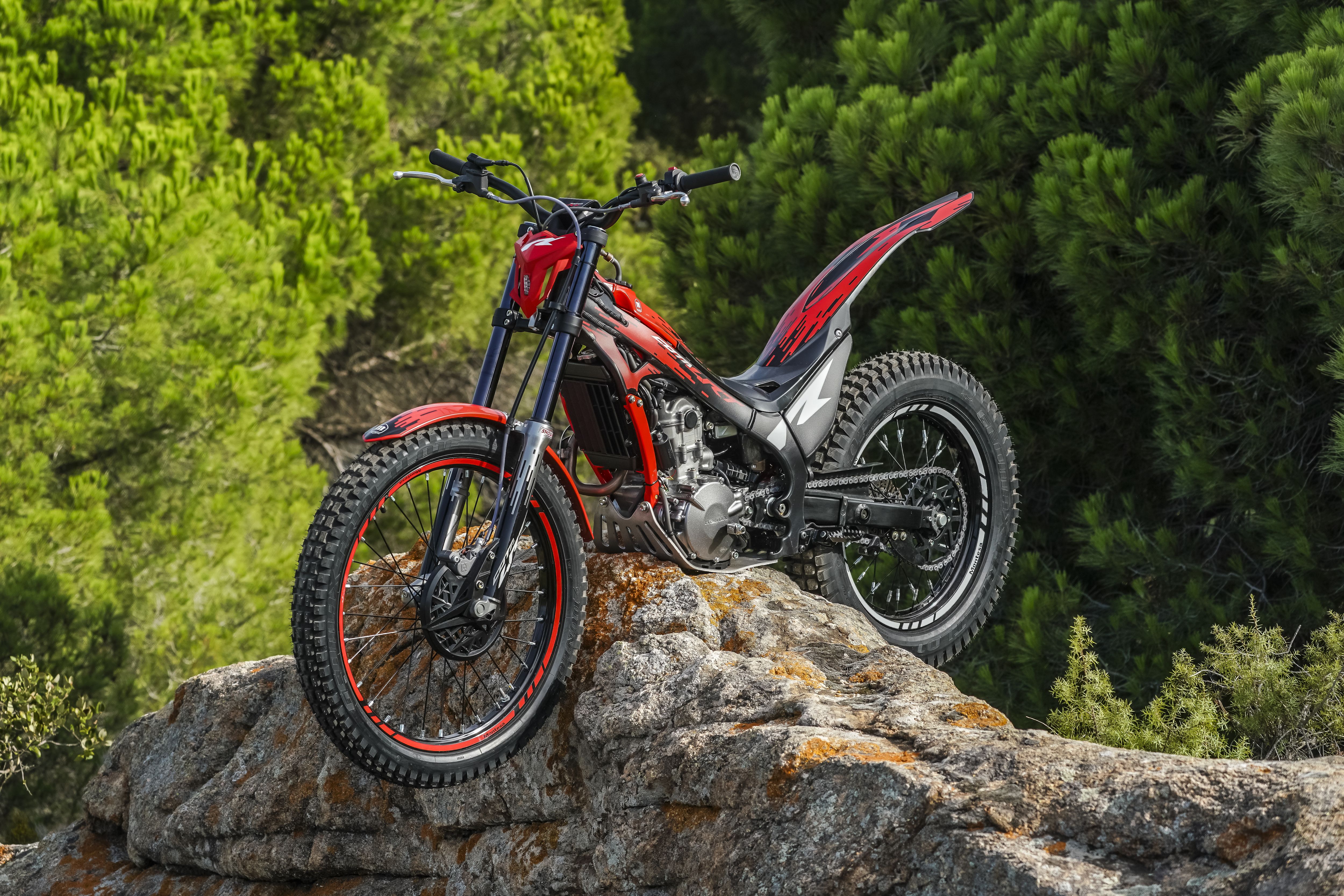 Moto de trial Montesa Cota 260R à l’arrêt sur une corniche rocheuse en forêt.