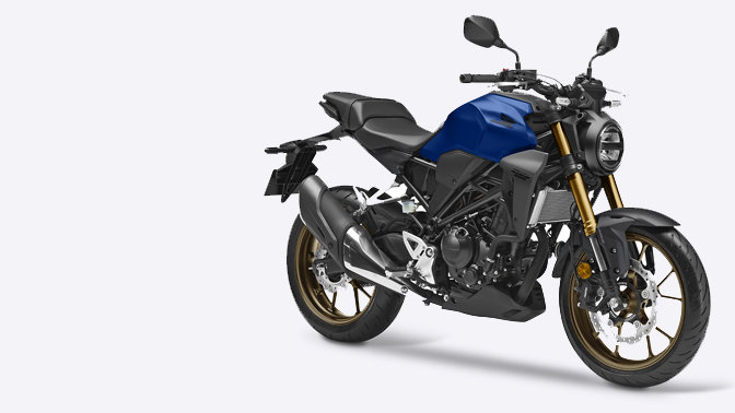 Vue de trois quarts face de la Honda CB300R Neo Sports Café.