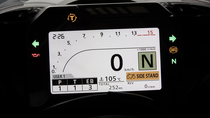 Gros plan du tableau de bord couleur TFT de la Honda CBR1000RR Fireblade.