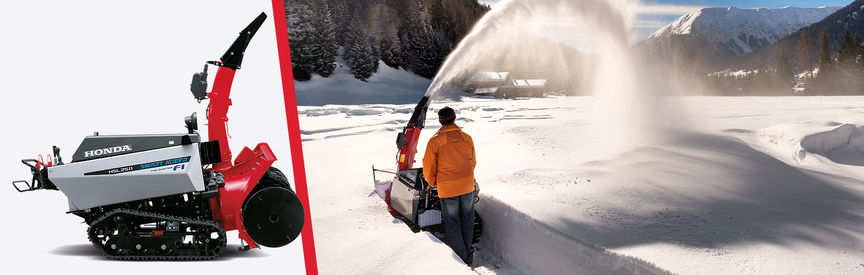 Gauche : vue de trois quarts avant gauche de la fraise à neige. Droite : fraise à neige, utilisée par un démonstrateur, en montagne.