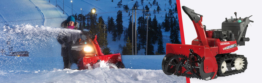 Gauche : fraise à neige hybride utilisée par un démonstrateur, en montagne. Droite : fraise à neige hybride frontale trois quart, latérale gauche 