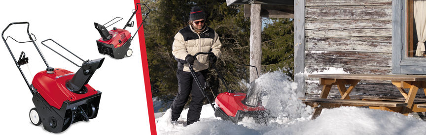 Gauche : 2 fraises &agrave; neige &agrave; simple &eacute;tage. Droite : fraise &agrave; neige &agrave; simple &eacute;tage utilis&eacute;e par un d&eacute;monstrateur, dans un jardin.