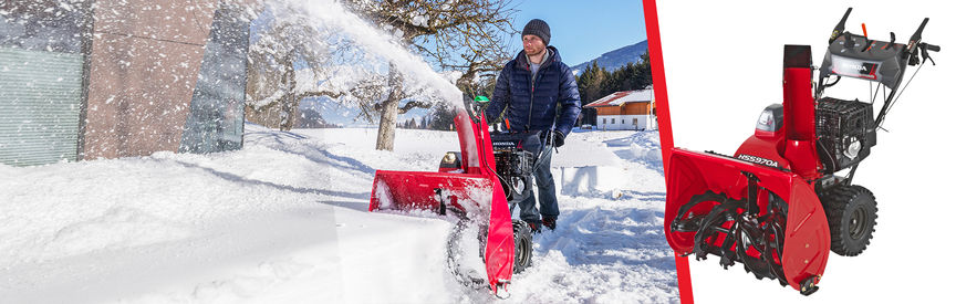 Gauche : fraise à neige Série 9 unique utilisée par un démonstrateur, dans un jardin. Droite : fraise à neige Série 9, frontale trois quart, latérale gauche