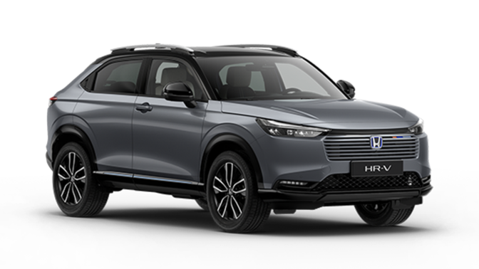 Honda HR-V e:HEV Hybride Advance Style gris, vue de trois quart