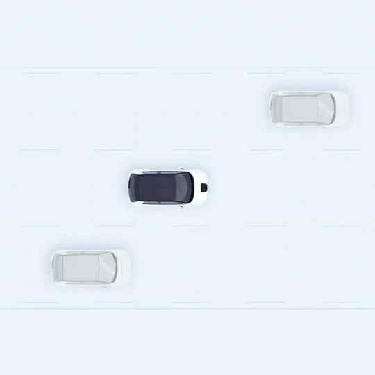 Une vue de dessus de la Honda e montrant la fonction d'assistance au maintien dans la voie de circulation. 