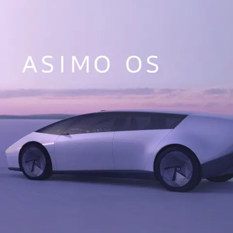 Vue de profil de la Honda 0 SALOON avec le robot Asimo