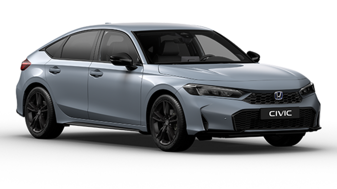 Nouvelle Honda Civic e:HEV hybride Sport en gris, vue de trois quart
