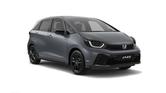 Honda Jazz e:HEV hybride Advance Sport en gris foncé, vue de trois quart