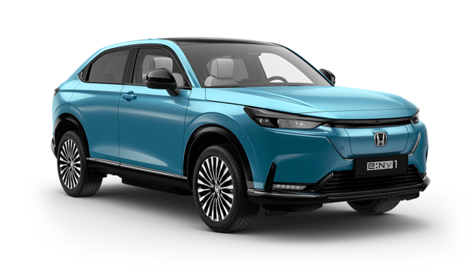 Honda e:Ny1 Advance 100% électrique bleu ciel, vue de trois quart