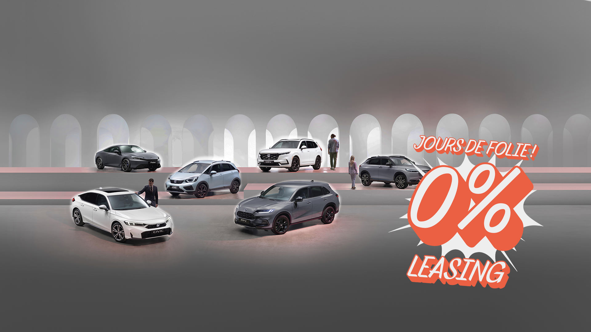 Photo de la gamme Honda avec un texte : Jours de folie, 0% leasing