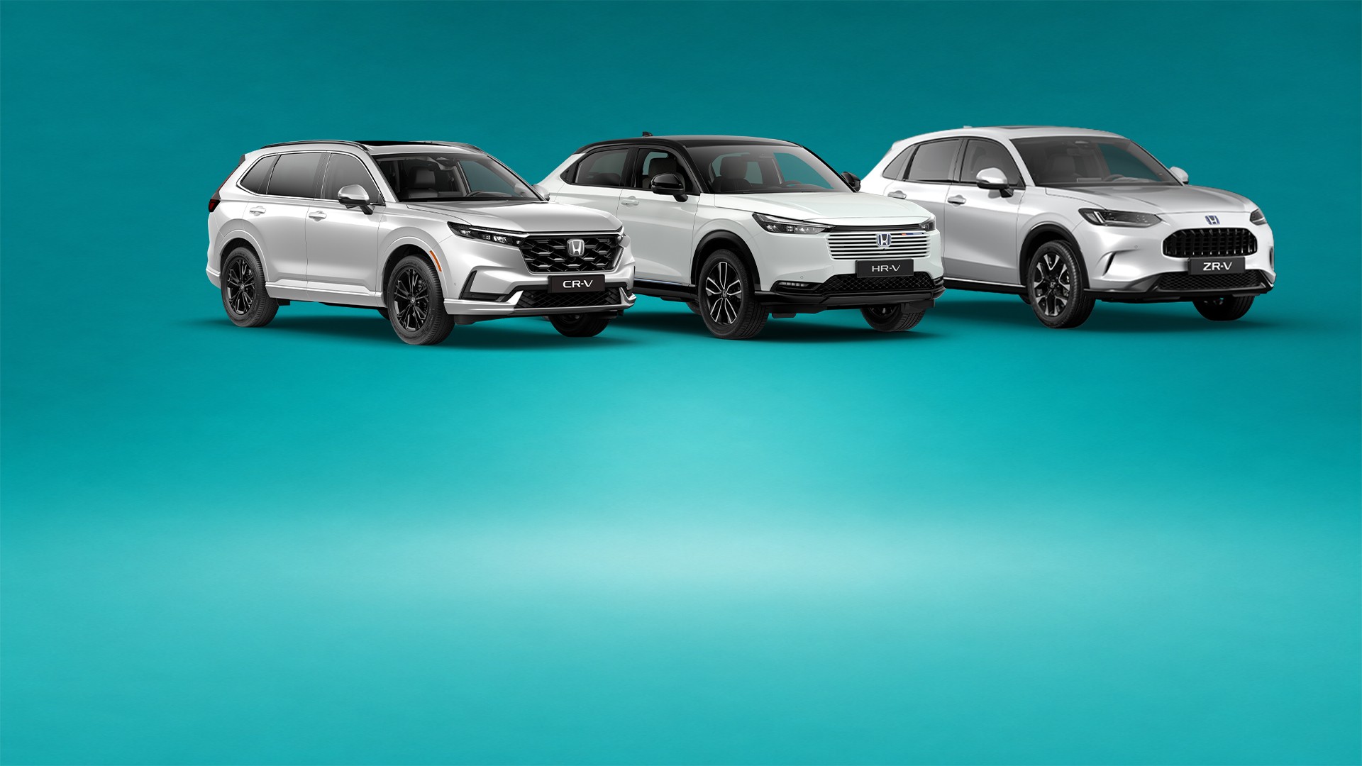 Un CR-V, HR-V et ZR-V blancs sur un fond bleu dégradé