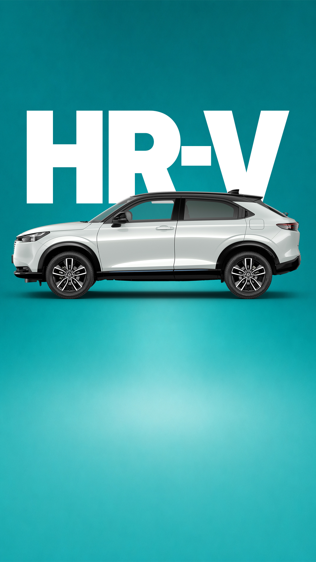 Un HR-V blanc avec un arrière-plan bleu dégradé et HR-V écrit en fond