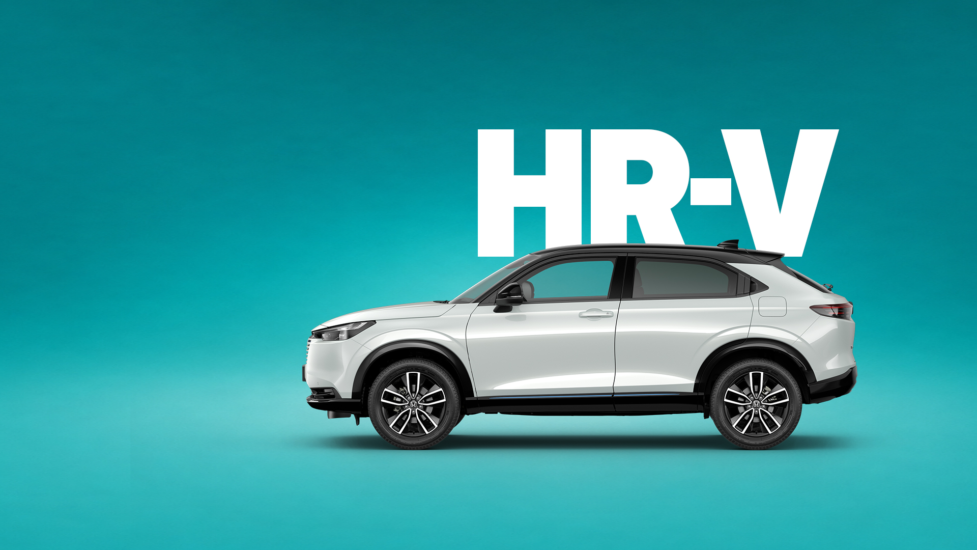 Un HR-V blanc avec un arrière-plan bleu dégradé et HR-V écrit en fond