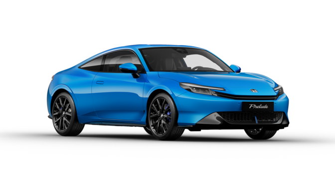 Nouvelle Honda Pelude e:HEV hybride Advance en bleu, vue de trois quart