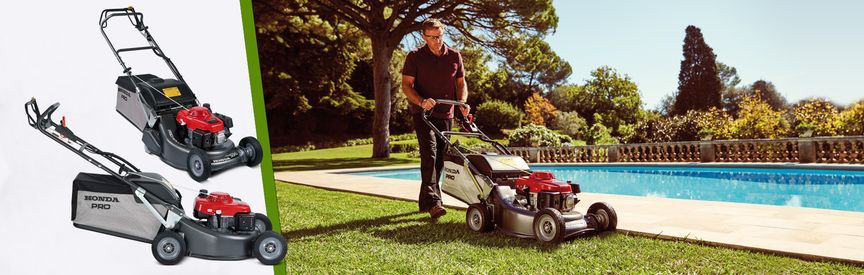 Gauche: 2 tondeuses à gazon Honda Droite: vue latérale, tournée vers la gauche, utilisée par un démonstrateur, dans un jardin.