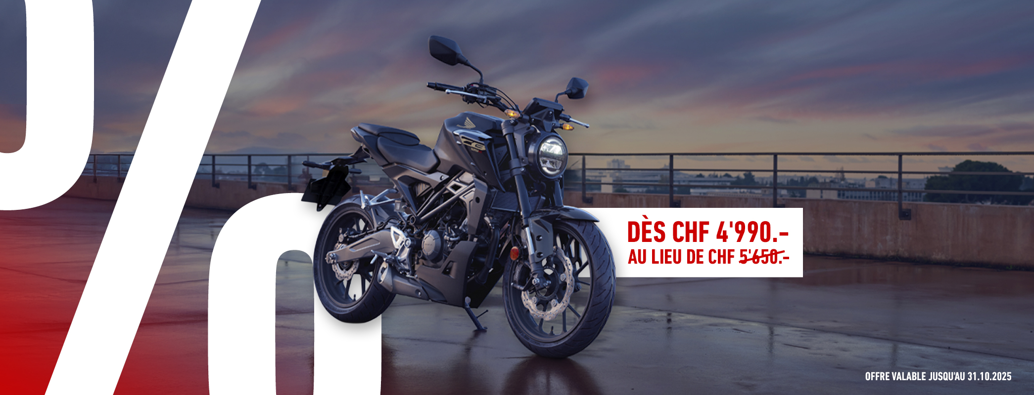 CB125R noir sur fond urbain avec promo et % en arrière plan